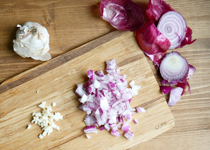 chopped red onion and fresh garlic